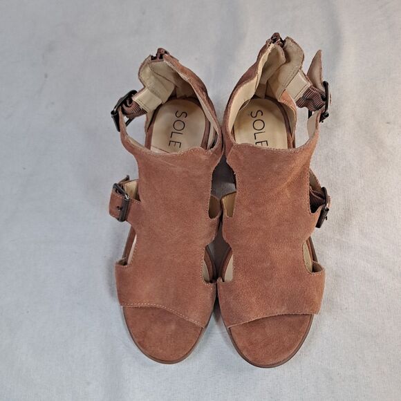 Sole Society Tonni Sandals Womens 7M Brown Suede Cutout Block Heel Rear Zip - Picture 9 of 10